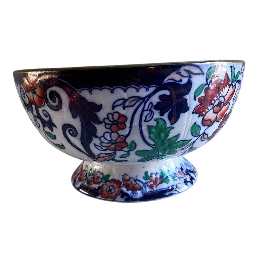 Antique 1800s Amherst Japan Ironstone Pedestal Bowl Imari Inspired Pattern White